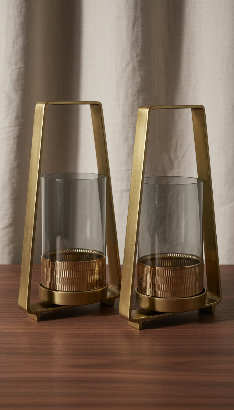 Glass candle holder with golden frame