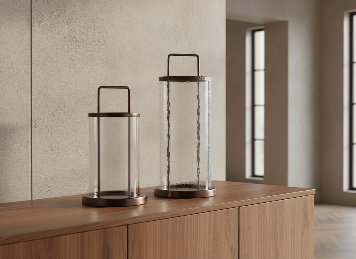 Glass candle holder with wooden base - Set of 2 - View 2